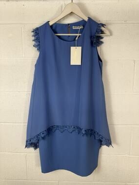 ESTA LINE Lace Sheath Dress Size 10 Blue Short Sleeve Medium Chiffon Flutter N32
